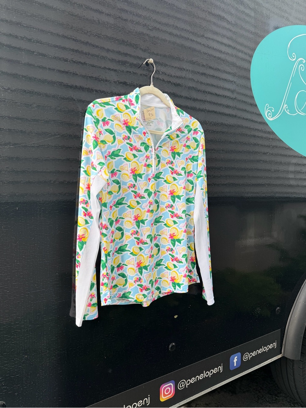 SanSoleil Med Top Blue Yellow Long Sleeve Citrus Cocktail 1/4 Zip UPF50